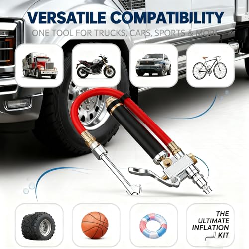 Air Chuck with Pressure Gauge, Heavy Duty Dual Head Tire Inflator Attachment for Air Compressor (1/4" NPT) - for Car, Truck, RV, Motorcycle, Dually Tires