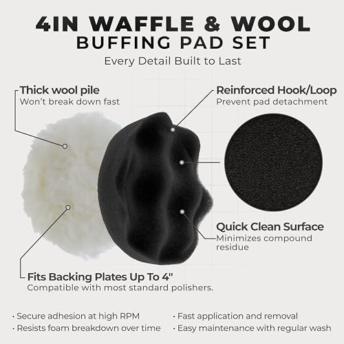 TCP Global 4 Inch Buffing Pads Set - 5 Waffle Foam Buffer Pads & 1 Wool Pad for Orbital Buffers, DA Polish Pad for Paint Correction, Polishing Kit for Auto & Boat Gelcoat Detailing