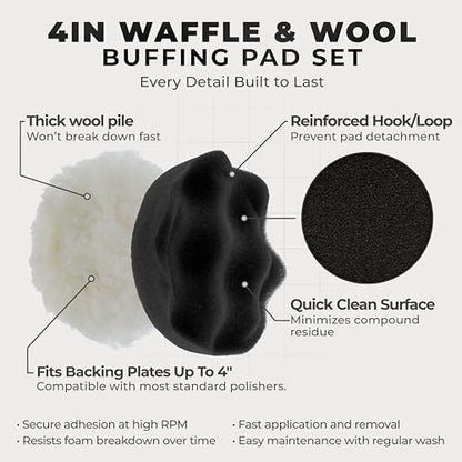TCP Global 4 Inch Buffing Pads Set - 5 Waffle Foam Buffer Pads & 1 Wool Pad for Orbital Buffers, DA Polish Pad for Paint Correction, Polishing Kit for Auto & Boat Gelcoat Detailing