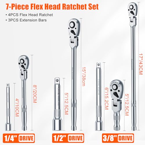 Matework 7Pcs Flex Head Ratchet Set, 1/4”, 3/8” and 1/2” Drive Swivel Ratchet Wrench with 180° Flex Head, 90 Tooth, Quick-Release, Extra Long Handle Ratchet with Extension Bar and EVA Foam, CR-V Steel - size: 7pcs 90T Flex Head Ratchet Set