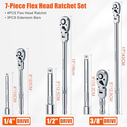 Matework 7Pcs Flex Head Ratchet Set, 1/4”, 3/8” and 1/2” Drive Swivel Ratchet Wrench with 180° Flex Head, 90 Tooth, Quick-Release, Extra Long Handle Ratchet with Extension Bar and EVA Foam, CR-V Steel - size: 7pcs 90T Flex Head Ratchet Set