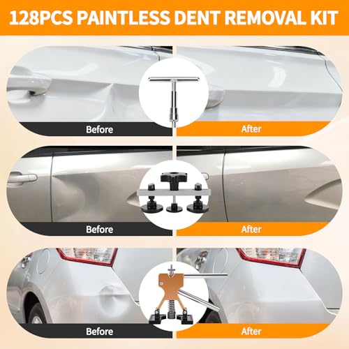 128Pcs Paintless Dent Puller Kit Auto Refrigerator Door Ding Removal Tools | 2-in-1 Slide Hammer T-Bar, Easy DIY Operation, Car Door Dents, Professional Use