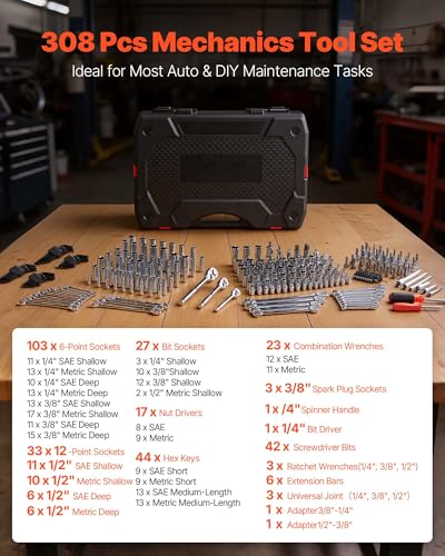 VEVOR Mechanics Tool Set, 308-Piece Mechanic Tool Kit, 1/4 in, 3/8 in, and 1/2 in Drive, SAE and Metric Socket Set, Wrenches, Screwdriver Bits, Accessories, and Storage Case, for Automotive Repair - size: 1/4"&3/8"&1/2", style: 308 PCS