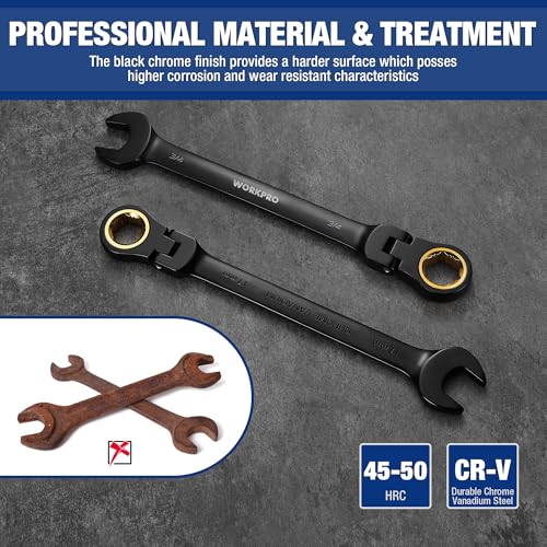 WORKPRO 22-piece Ratcheting Wrench Set with 180° Flex Head, Anti-Slip Tooth, Combination Wrench Sets with Organizer Box, Metric 6-18mm & SAE 1/4-3/4", Black Electrophoretic Coating - style: Flex-head