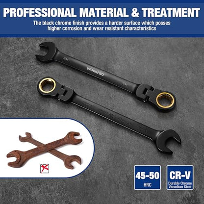 WORKPRO 22-piece Ratcheting Wrench Set with 180° Flex Head, Anti-Slip Tooth, Combination Wrench Sets with Organizer Box, Metric 6-18mm & SAE 1/4-3/4", Black Electrophoretic Coating - style: Flex-head