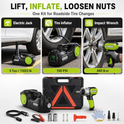 Electric Car Jack Kit 5 Ton 12V with Wrench and Tire Inflator (Black Green) | C model, 20.87 in lift, hydraulic jack, impact wrench, tire inflator, LED light, hard case