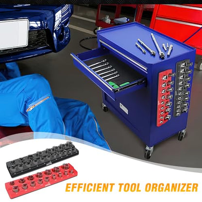 GOOACC 1/2" Magnetic Socket Organizer Set, 2 Pieces Metric & SAE Socket Drive Holders, 1/2 inch Drive Socket Organizer Trays Holds 35 Standard Sockets for Tool Box - size: 2PCS 1/2" SAE & Metric Red Black