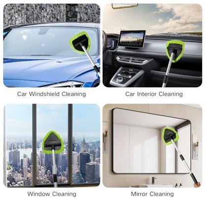 Qydipclin 7pcs Windshield Cleaner Tool Car Window Cleaning Wash Kit with 4 Reusable Microfiber Pads 1 Spray Bottle and Extendable Handle Auto Glass Wiper Kit, Green - color: Green