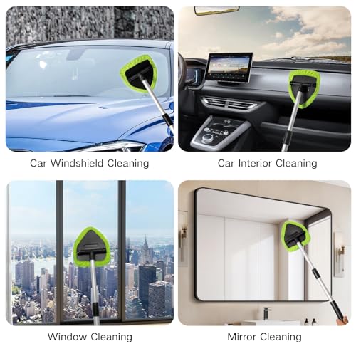 Qydipclin 11pcs Windshield Cleaner Tool, Car Window Cleaning Wash Kit with 6 Reusable Microfiber Pads 2 Spray Bottles and Extendable Handles Auto Glass Wiper Kit, Green - color: Green