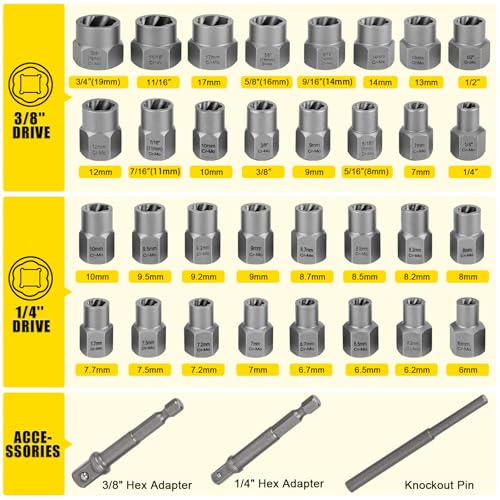 TOPEC Bolt Extractor Kit, 35-Piece Stripped Bolt Extractor Socket Set, 1/4" & 3/8" Drive Easy Out Socket Set, Nut Remover for Removing Broken, Rusted, Rounded Fasteners