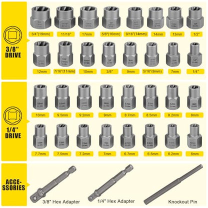 TOPEC Bolt Extractor Kit, 35-Piece Stripped Bolt Extractor Socket Set, 1/4" & 3/8" Drive Easy Out Socket Set, Nut Remover for Removing Broken, Rusted, Rounded Fasteners