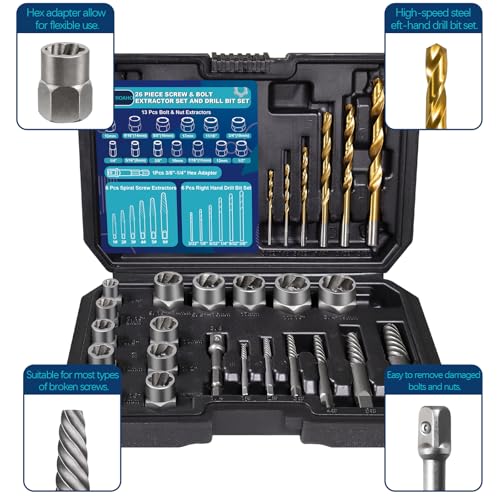 DOAHO 26 Piece Impact Bolt and Spiral Screw Extractor Set with Left Hand Reverse Drill Bit Kit for Easy Out Damaged Stripped Broken Screw Lug Bolt Nut Remove with Hex Adapter