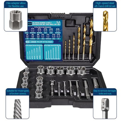 DOAHO 26 Piece Impact Bolt and Spiral Screw Extractor Set with Left Hand Reverse Drill Bit Kit for Easy Out Damaged Stripped Broken Screw Lug Bolt Nut Remove with Hex Adapter