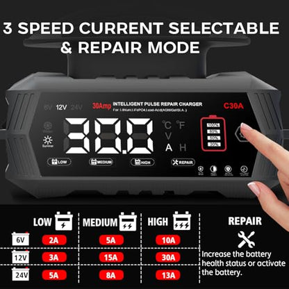 30 Amp Battery Charger, 6V/12V/24V Lithium LiFePO4 Lead Acid Smart Car Battery Charger, Automotive Maintainer Trickle Charger for Car, SUV, Motorcycle, Boat, Lawn Mower - color: 30A-black