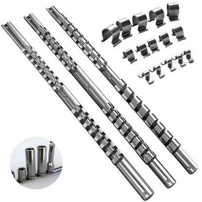 Socket Organizer Set, SEDY 3-Piece Metal Socket Holders/Socket Sliding Rail, 1/4-Inch, 3/8-Inch, 1/2-Inch