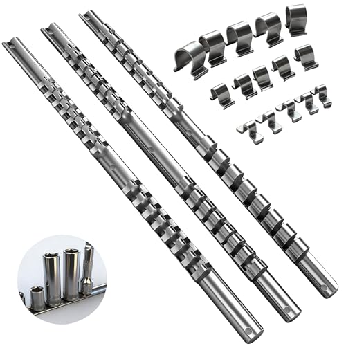 Socket Organizer Set, SEDY 3-Piece Metal Socket Holders/Socket Sliding Rail, 1/4-Inch, 3/8-Inch, 1/2-Inch