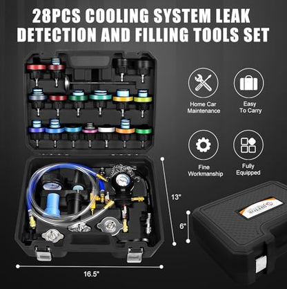 JIFETOR 28PCS Radiator Pressure Leak Test Pneumatic Coolant Refill Tool Kit | Auto Cooling System Leakage Tester and Water Tank Pneumatic Vacuum Purge Filling Set Universal for Airlift Car Auto Truck - color: Black Case