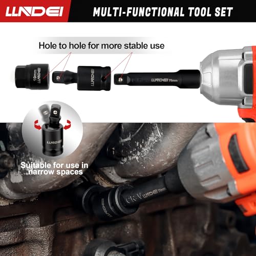 LLNDEI 30PCS 1/4-3/4 SAE/Metric, 3/8 Drive Low Profile Impact Hex Driver Set, 6-19mm, with E-torx Bit Socket Set E8-E20, Square Bit Socket, U-Joint Extension Bar, Cr-Mo, Storage Case