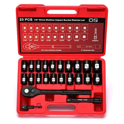 1/2" Drive Impact Socket Set, 23-Piece Shallow Socket, SAE (7/16 to 1-Inch) & Metric (13-24 mm) Sizes, Ratchet Handle, Adapter, CR-V Steel