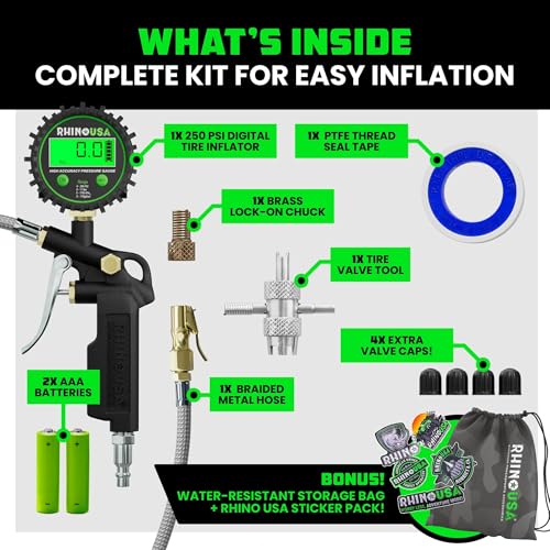 Rhino USA Digital Tire Pressure Gauge with Inflator (250 PSI) - Air Chuck | Professional Air Chuck & Compressor Attachments. 0.1 Display Resolution for Precise Readings on Car & Truck Tires. - style: 250psi Digital