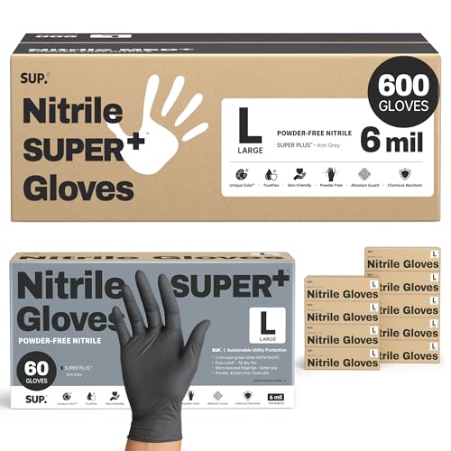 SUPER+ Black Nitrile Gloves HEAVY DUTY 6 Mil Disposable Chemical Resistant Powder & Latex Free Medical Food Safe, 60/600 Ct - color: Large (Black)