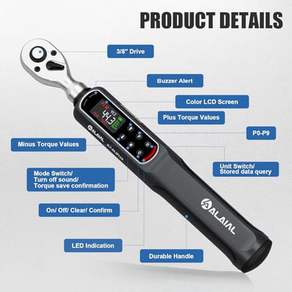 3/8 Drive Digital Torque Wrench, 0.7-44.3 Ft.Lb/1-60 Nm Dual Direction Rachet Wrench with Vibration, Buzzer and LED Alert, Electronic Torque Wrench for Bike Motorcycle Car Repair - size: 0.7-44.3 Ft.Lb/1-60 Nm-3/8"
