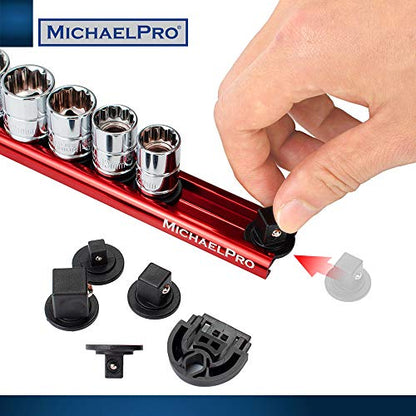 MichaelPro 3-Piece Aluminum Socket Organizer Rail Set- 1/4-inch, 3/8-Inch, and 1/2-Inch Drive Tool Socket Organizers Hold 46 Sockets, Heavy Duty Socket Storage | MP014001 - style: Non-Magnetic
