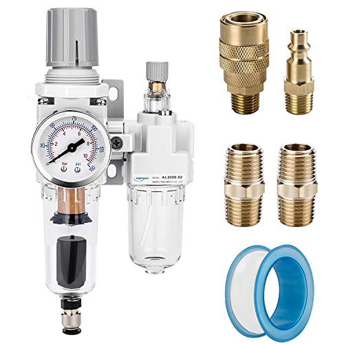 NANPU 1/4" NPT Air Filter Regulator Lubricator Combo, Water Separator | 5-micron brass filter, 0-150 psi gauge, poly bowl, auto drain, 18 SCFM, helps protect tools from moisture and debris - size: 1/4" NPT, style: Auto Drain, Metal Coupler & Plug