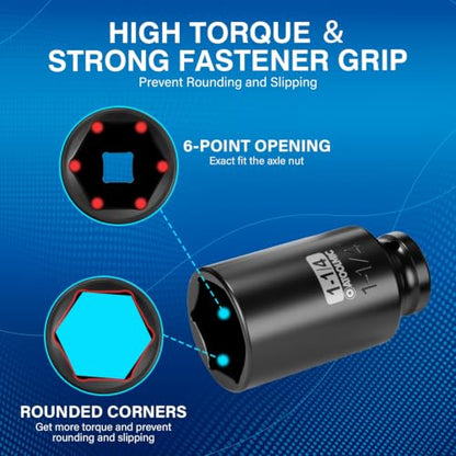 1/2" Drive x 1-1/4 Inch Deep 6PT CR-MO Impact Socket for Removing Axle nut | SAE Socket,6-Point Radius Corner Design,Two Size Markings,Square Chamfered Opening,For Removal of Axle Nut - size: 1-1/4 Inch, style: 1/2" Drive Deep Socket