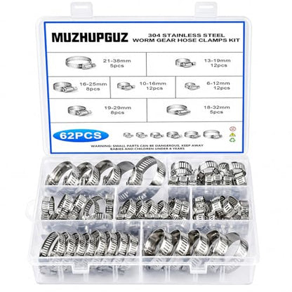 304 Stainless Steel Hose Clamps Assortment Kit, 62Pcs 1/4-2 in (6-38mm) Adjustable Worm Gear Pipe Hose Clamps, Automotive, Washing Machine, Mechanical - size: 62 pcs (1/4'' - 1-1/2'')