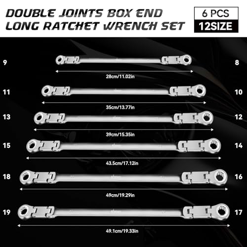 DISEN Double Jointed Extra Long Flex Head Ratchet Wrench Set, 6 PCS Metric 8-19mm Box End Ratcheting Wrench with a Magnetic Pickup Tool Kit, 72-Teeth, Cr-V Steel,12 Point Combination Wrench set - size: Silver Double Jointed SET