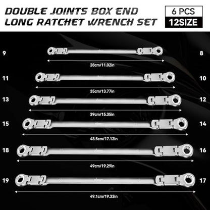 DISEN Double Jointed Extra Long Flex Head Ratchet Wrench Set, 6 PCS Metric 8-19mm Box End Ratcheting Wrench with a Magnetic Pickup Tool Kit, 72-Teeth, Cr-V Steel,12 Point Combination Wrench set - size: Silver Double Jointed SET