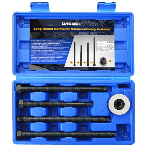 DASBET Long Reach Crank Pulley Underdrive Pulley Damper Installation Tool | 5PCS Harmonic Balancer Installer Set for Ford GM Dodge V8 V6 Engines Long Reach Pulley & Damper Installation