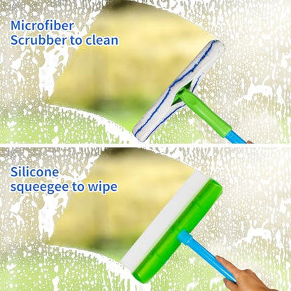Forgrace Flexible Silicone Squeegee T-Bar Water Blade Microfiber Scrubber with Long Handle for Car Home Glass Professional Car Windshield Squeegee Window Cleaning Kit for Shower Glass Mirror Door Car