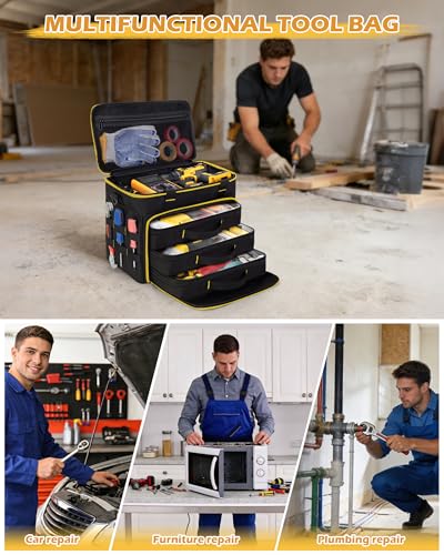 Marscamd 2 Layers Tool Bag with 3 Clear Window Removable Cases | Heavy Duty Tool Tote with Molle Webbing and Detachable Shoulder Strap, Black/Yellow - color: Black/Yellow