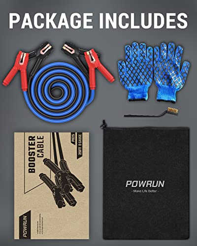 Powrun P025 Jumper Cables for 12/24V Car Battery, 1000A Heavy Duty Booster Cables with Carrying Bag, Jumper Cables Kit for Vehicles with up to 8.0 L Gas and 6.0L Diesel Engines