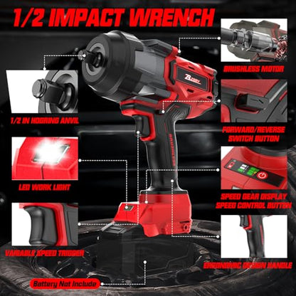 Cordless Impact Wrench Compatible with Milwaukee 18V Battery, 1/2'' 1700FT-LBS 2300N.m High Torque Impact Driver, Brushless Impact Gun w/ 4 Speed Modes & LED Light for Car, Home, Outdoor - size: 1/2" Compatible with Milwaukee 2300N