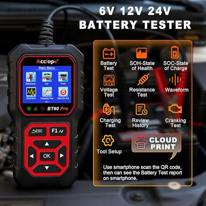 BT60 PRO Car Battery Tester 6V/12V/24V, 2–120Ah, 100–3000 CCA, AGM/Gel/Lithium, Digital Analyzer, QR Cloud Report (No App), Alternator & Starter/Charging System - color: Black-Red