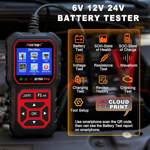 BT60 PRO Car Battery Tester 6V/12V/24V, 2–120Ah, 100–3000 CCA, AGM/Gel/Lithium, Digital Analyzer, QR Cloud Report (No App), Alternator & Starter/Charging System - color: Black-Red