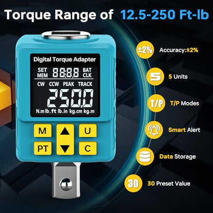 Upgrade Digital Torque Adapter, (±1% Accuracy, 12.5-250Ft-lb), 1/2" Digital Torque Wrench Adapter for Car, Versatile Meter - Smart Alert | Peak/Track | Preset | Store/Delete, for Automotive(340N.m) - size: 12.5-250 Ft-lb/17-340 Nm