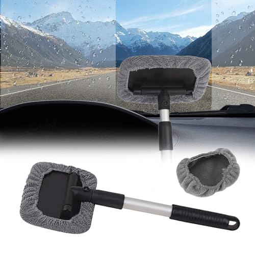 Car Windshield Cleaning Tool, Microfiber Window Cleaner with Washable and Reusable Cloth Pad & Long Handle, Universal Car Accessories Auto Glass Wiper Kit for Interior & Exterior Cleaning