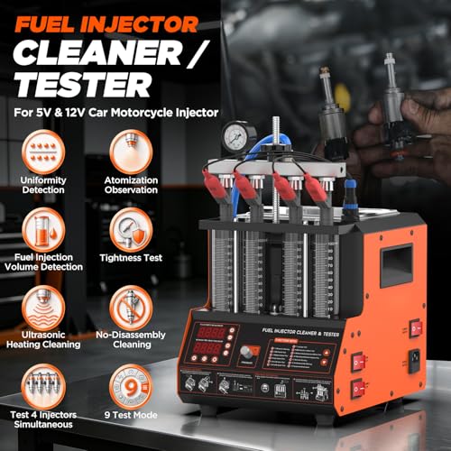 Fuel Injector Cleaner Tester Machine，4-Cylinder Ultrasonic Heating Cleaning | 4 Test Functions, 9 Test Modes, 2000ml Cleaning Tank, 110V Fuel System Injection Cleaning Kit for 12V Gas Car & Motorcycle