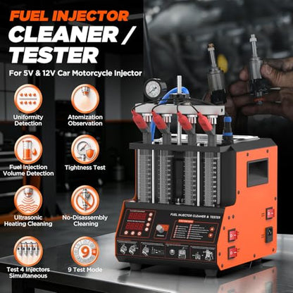 Fuel Injector Cleaner Tester Machine，4-Cylinder Ultrasonic Heating Cleaning | 4 Test Functions, 9 Test Modes, 2000ml Cleaning Tank, 110V Fuel System Injection Cleaning Kit for 12V Gas Car & Motorcycle