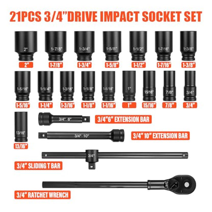 3/4" Drive Deep Impact Socket Set,21Pcs SAE (3/4 to 2 Inch) Sizes with Ratchet Wrench (24 tooth) Andextension Rod,6-Point Socket,Cr-Mo Steel Includes Adapters - size: 3/4"Drive Socket Set 21 PCS