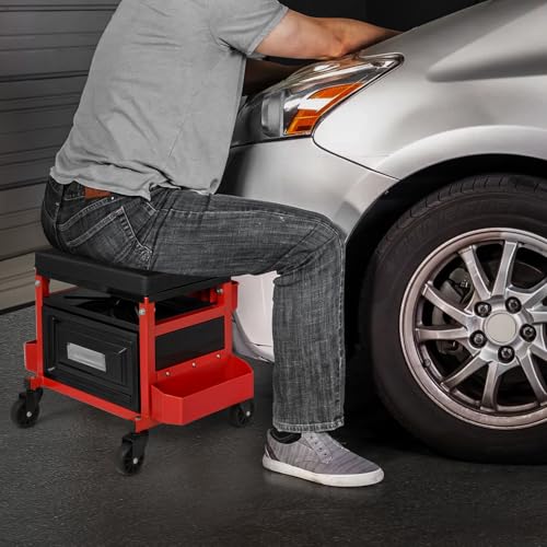 Magshion Rolling Garage Stool with Built-in Toolbox & Holder – 350 Lbs Capacity Padded Mechanic Seat with Wheels for Workshop, Auto Repair & Shop Use (Red)