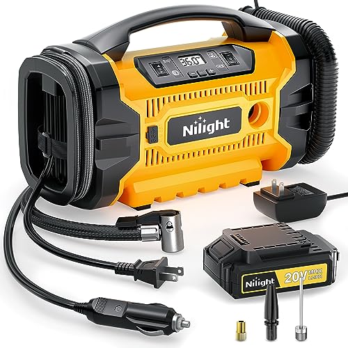 Nilight Portable Air Compressor Tire Inflator 3 Power Sources Pump 160PSI Dual Powerful Motors Fast Inflate Auto Shutoff for Cars & Inflatables Inflation/Deflation - color: Ac/DC Air Compressor Pump + Battery