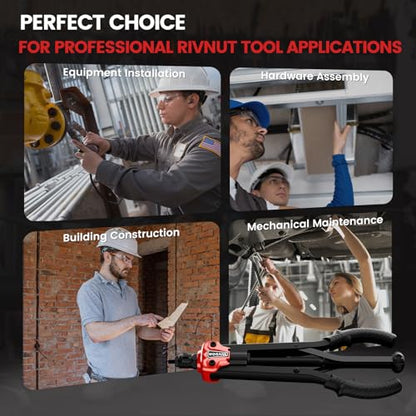 Rivet Nut Tool, 16" Heavy Duty Rivnut Tool Kit with 15PCS Metric/SAE Mandrels, 290PCS Rivet Nuts, Wrench, Gloves and Carrying Case, Auto Release Nut Design for Automotive, Construction & DIY - size: With 15 Mandrels & 290 Nuts