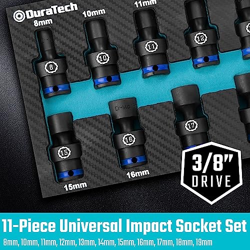DURATECH 3/8" Drive Impact Universal Joint Socket Set, 11-Piece, 8mm-19mm | Swivel Socket Set, 360° Rotation, Cr-Mo Steel, Corrosion Resistance, 24° Working Angle, Organized in EVA Foam Organizer - size: 11pc