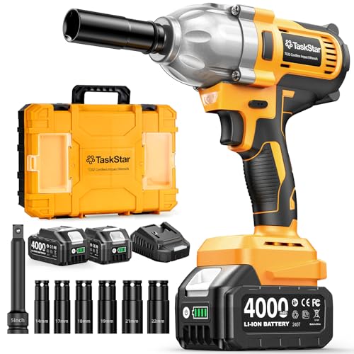 1/2" Cordless Impact Wrench, 1400N·m(1032ft・lbs) Brushless High Torque Impact Gun, Electric Impact Driver, 2x4.0Ah Batteries, LED Light, Charger, 6 Sockets, 3 Variable Speeds for Car/ Pickup/Mower - style: 2x4.0Ah Battery
