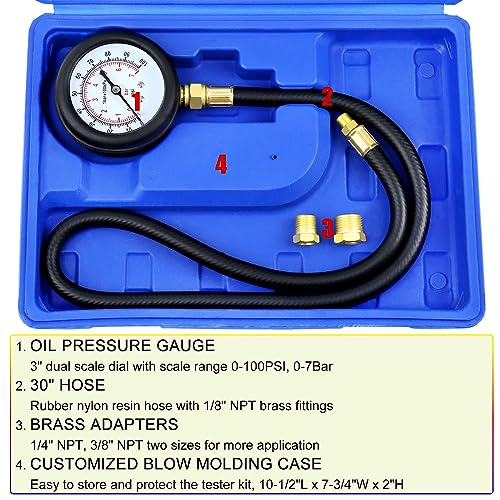 JIFETOR Oil Pressure Tester Kit, Professional Engine Diagnostic Test, 100PSI Pressure Gauge Tool with Hose Adapter for Truck Car ATV - color: Blue Case